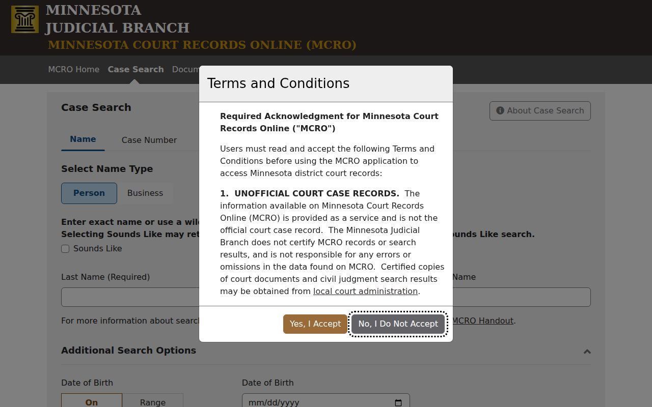 Shoreview Residents Directory view of Minnesota Court Records Online case search