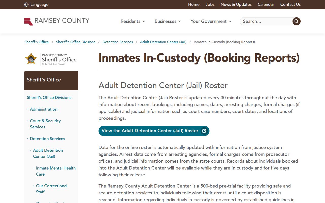 Shoreview Residents Directory view of Ramsey County custody and booking reports