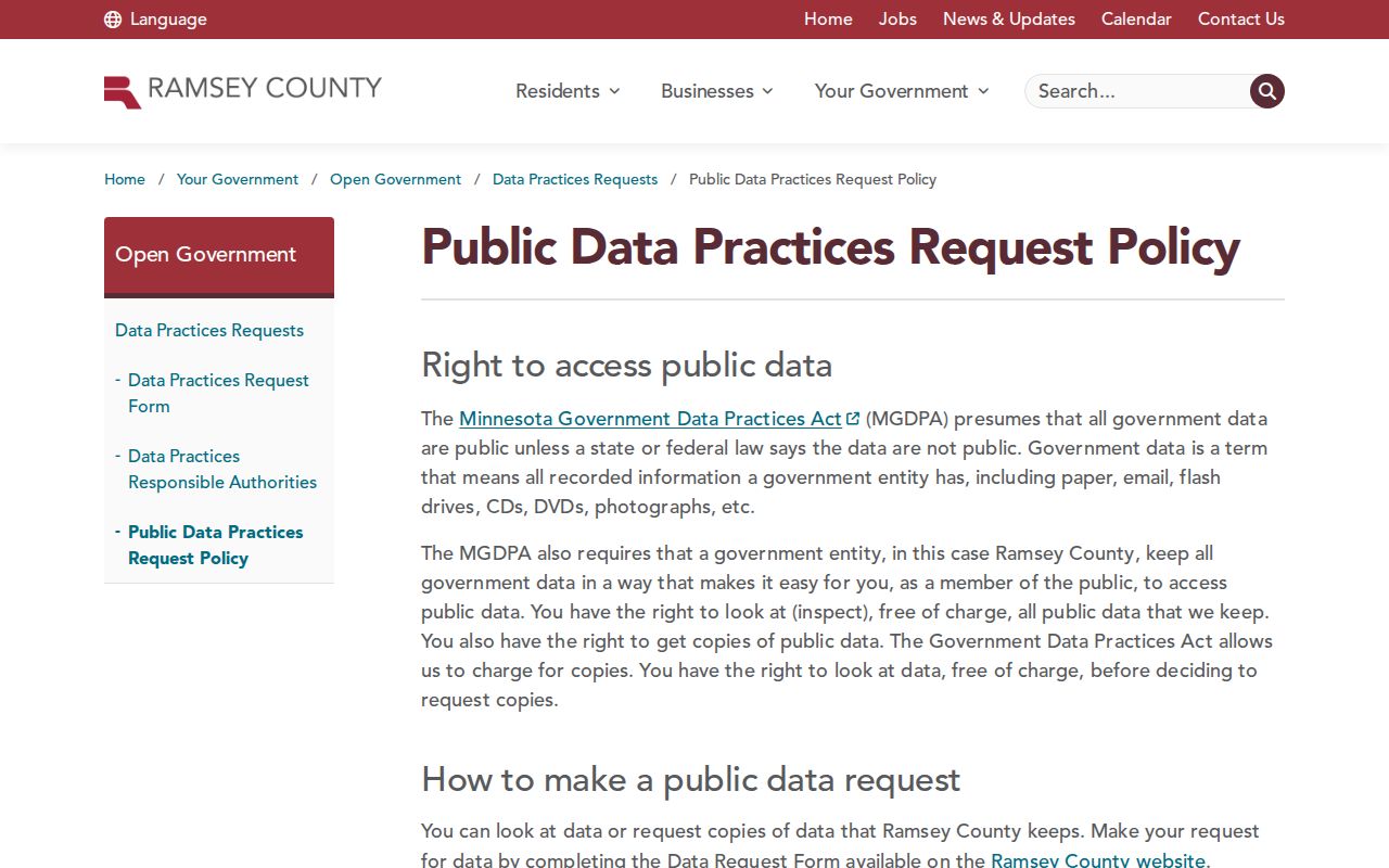 Shoreview Residents Directory view of Ramsey County public data-practices request policy