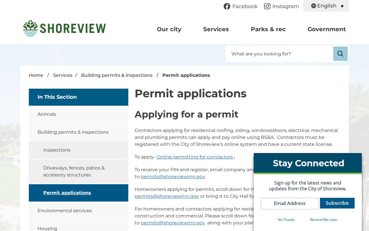 Shoreview street directory building permit application access
